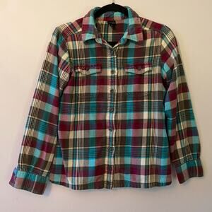 Patagonia Women's size 2 Organic Cotton Blue Purple Plaid Flannel Shirt